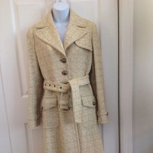 SOLD-Banana Republic Sunny Yellow White Belted Houndstooth Long Coat Size Small.